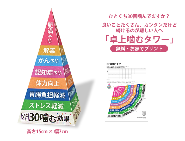ひとくち30回噛んでますか？良い事たくさん、カンタンだけど続けるのが難しい人へ「卓上噛むタワー」（無料・お家でプリント）